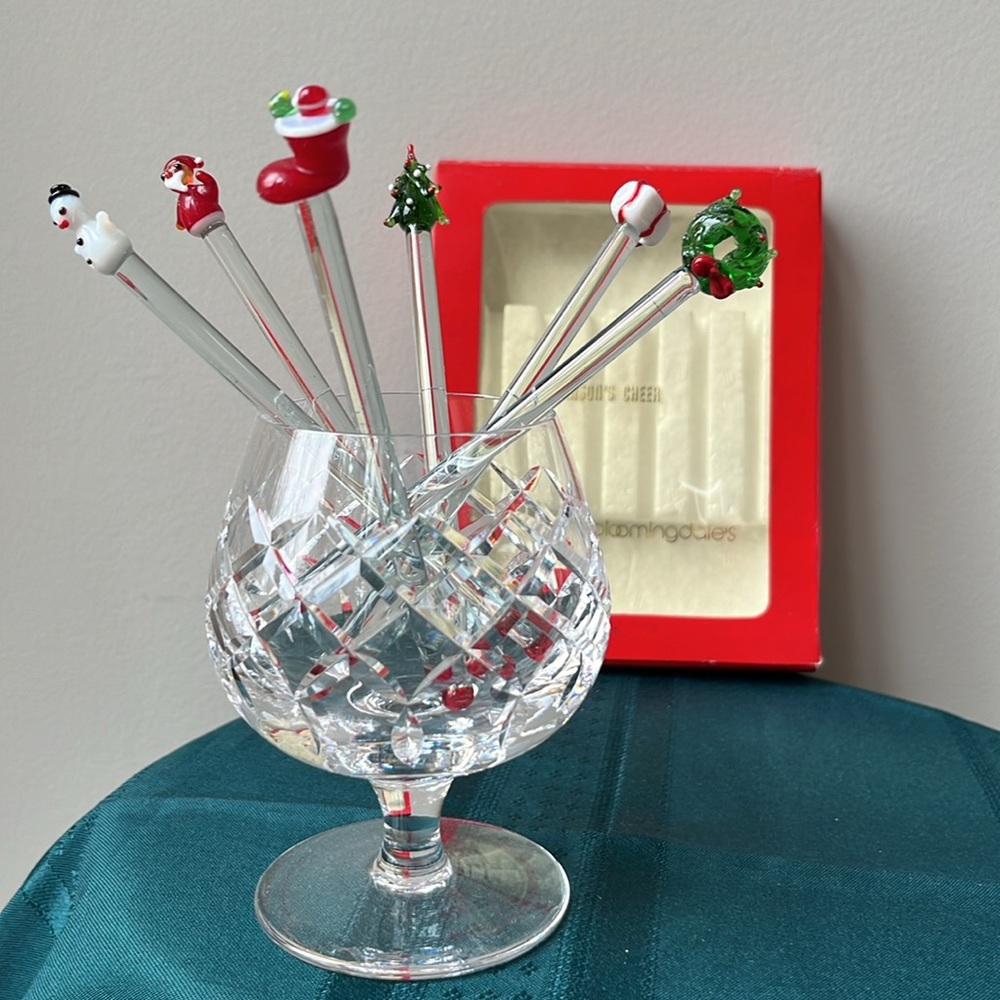 VTG Swizzle‎ Sticks Christmas Glass Cocktail Barware Santa Blown Glass Party